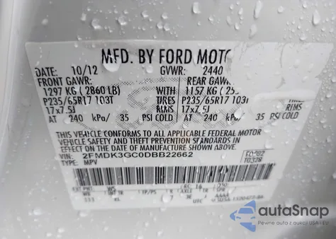 2013 Ford Edge Se из США, поврежденный, VIN 2FMDK3GC0DBB22662